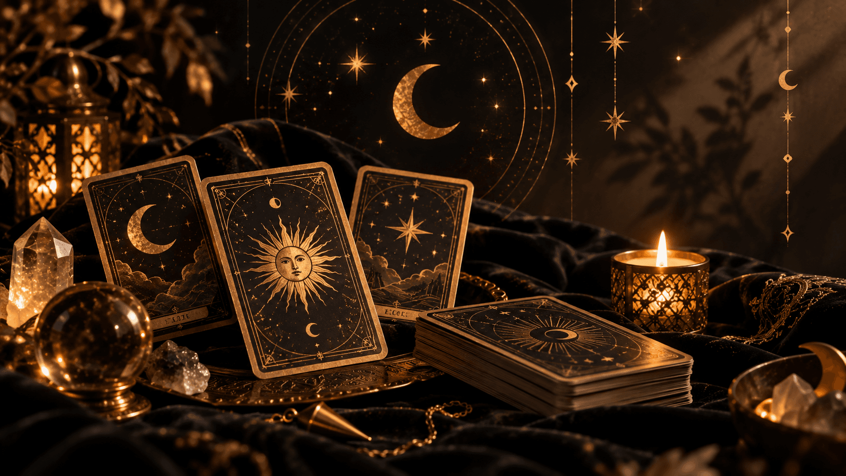 A spiritual still life with tarot cards, candle, flowers and crystals